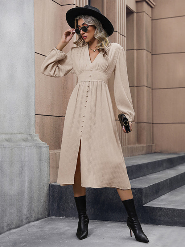 New elegant solid color long sleeve slit dress