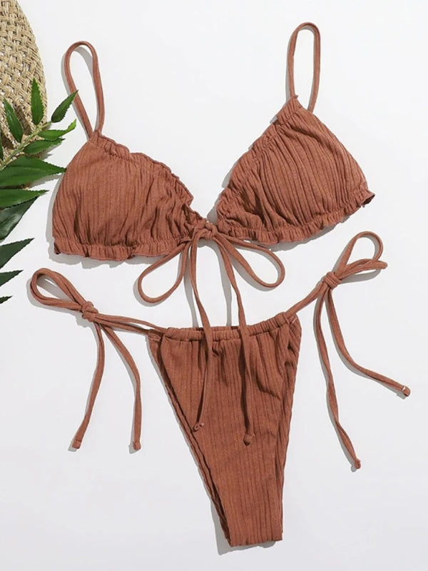 Women Knitted Tie-Front Bikini Set