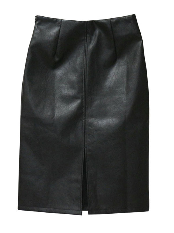 Elegant High Waist Faux Leather Pencil Skirt