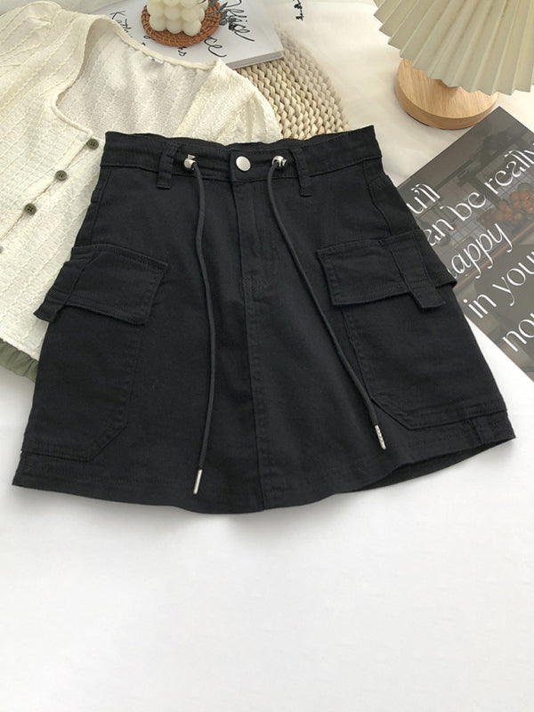 Women's drawstring high waist denim hip-covering skirt