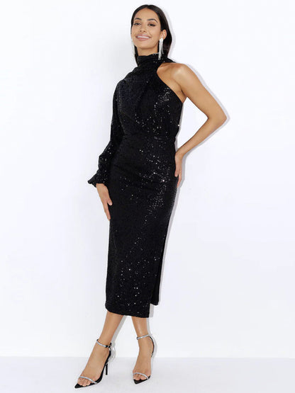 scarf slit evening dress one shoulder sequins