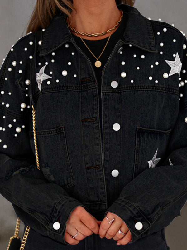 Pearl Studded Distressed Denim Jacket