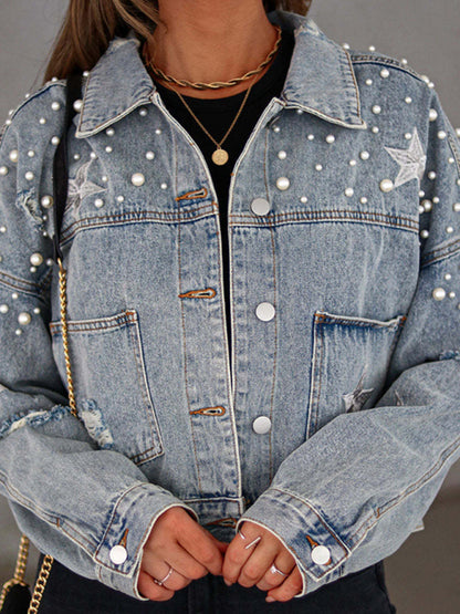 Pearl Studded Distressed Denim Jacket