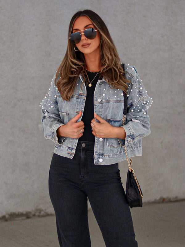 Pearl Studded Distressed Denim Jacket