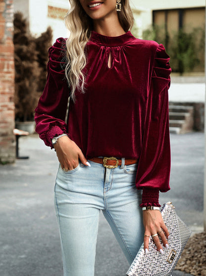 Women's gold velvet turtleneck bow puff sleeve shirt