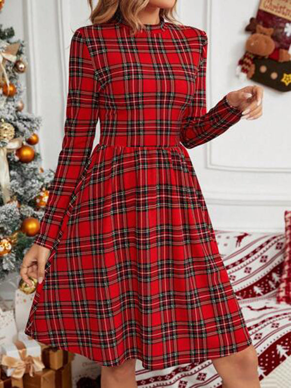 Checkered printed turtleneck long-sleeved dress Christmas new style