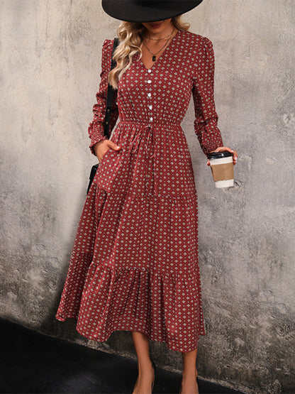 New women's long sleeve printed V-neck waist dress