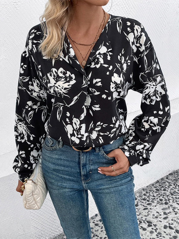 New women's black and white flower printed lapel long-sleeved shirt