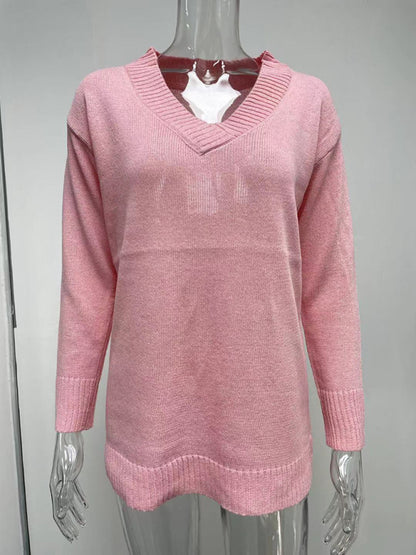 Women's V-neck long-sleeved pullover sweater top