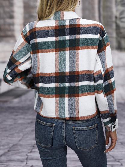 Women's short casual plaid button coat