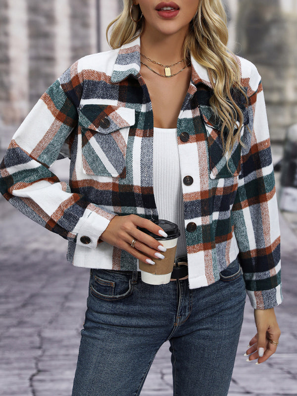 Women's short casual plaid button coat