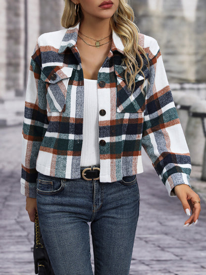 Women's short casual plaid button coat