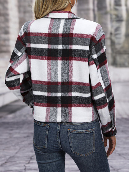 Women's short casual plaid button coat