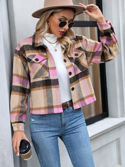 Women's short casual plaid button coat