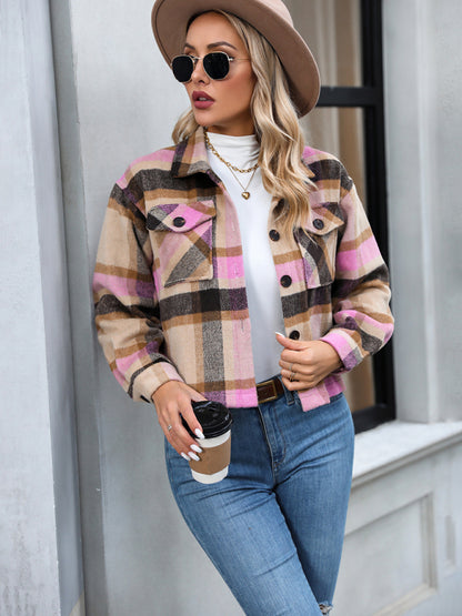 Women's short casual plaid button coat