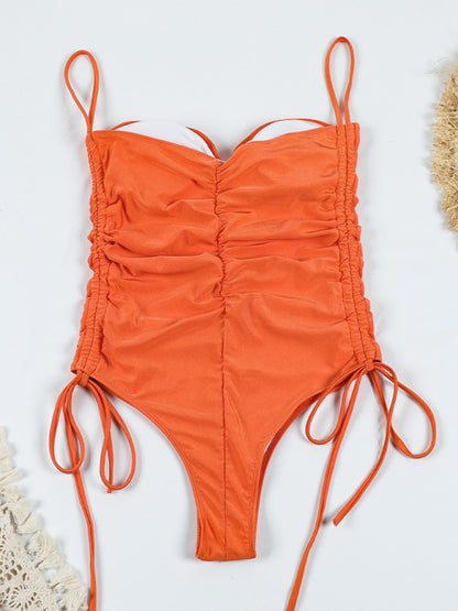 New drawstring one-piece swimsuit solid color pleated sexy suspender bikini