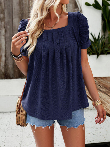 Casual solid color square neck puff sleeve shirt top