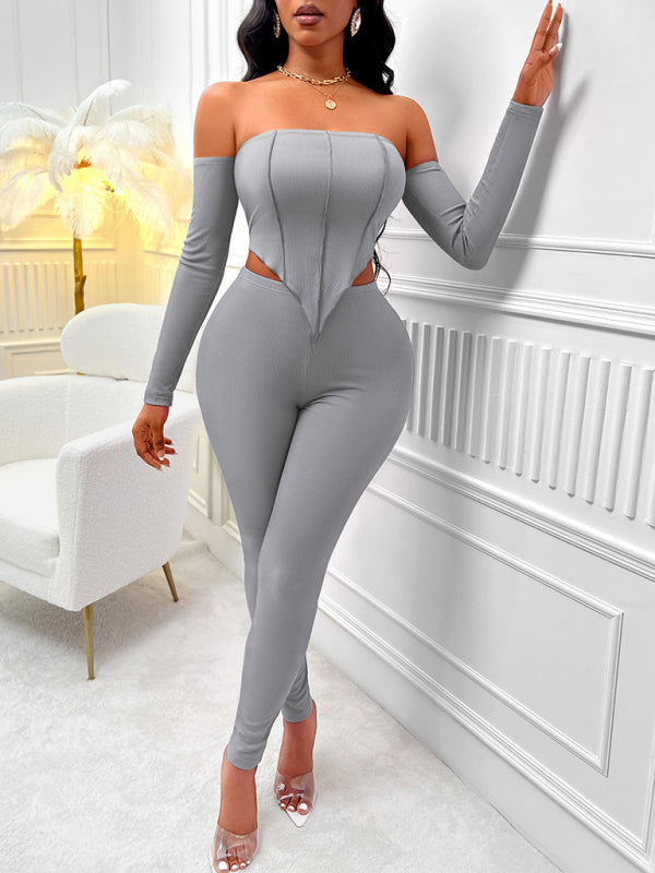 Solid color cross-border long-sleeved one-shoulder slim suit for women