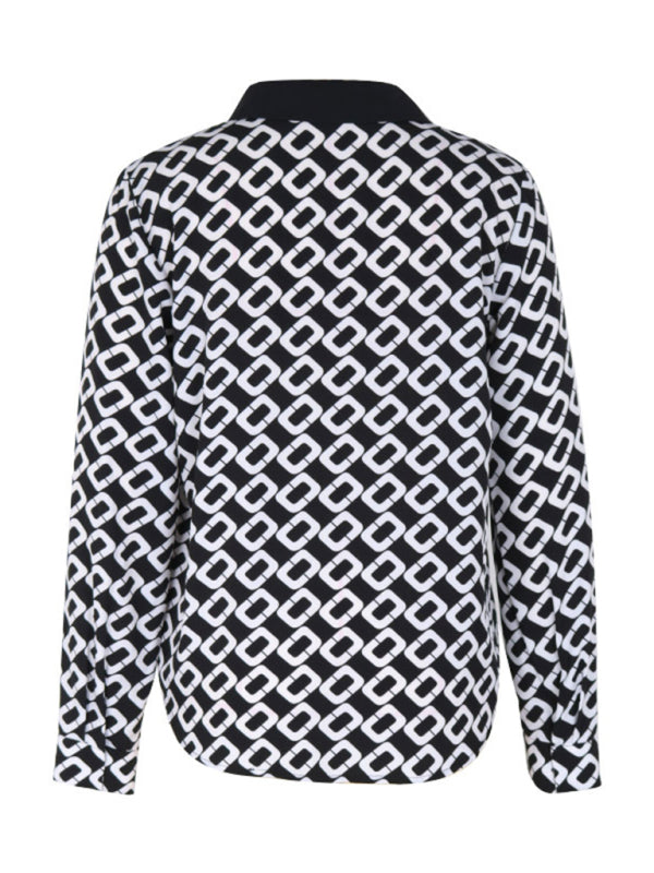 Women's new V-lapel printed long-sleeved shirt