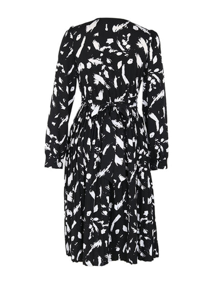 Women's new temperament printed black long-sleeved dress