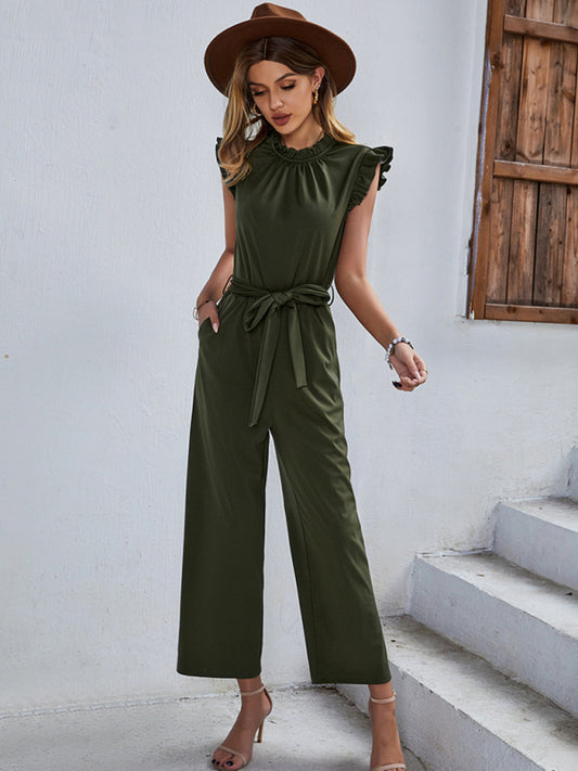 Women's elegant casual belted sleeveless jumpsuit