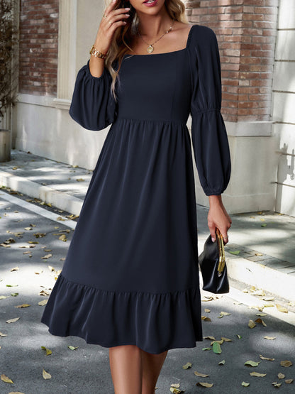 Women's Elegant Solid Color Square Neck Long Sleeve Dress