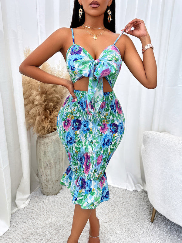 Printed hip-hugging hollow strap dress