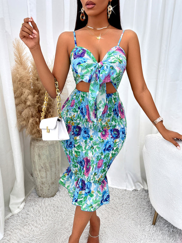 Printed hip-hugging hollow strap dress