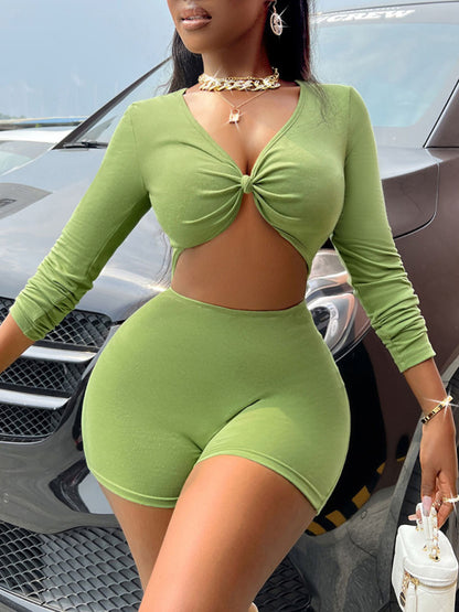 Cut Out Long Sleeve Polyester Jumpsuit Romper