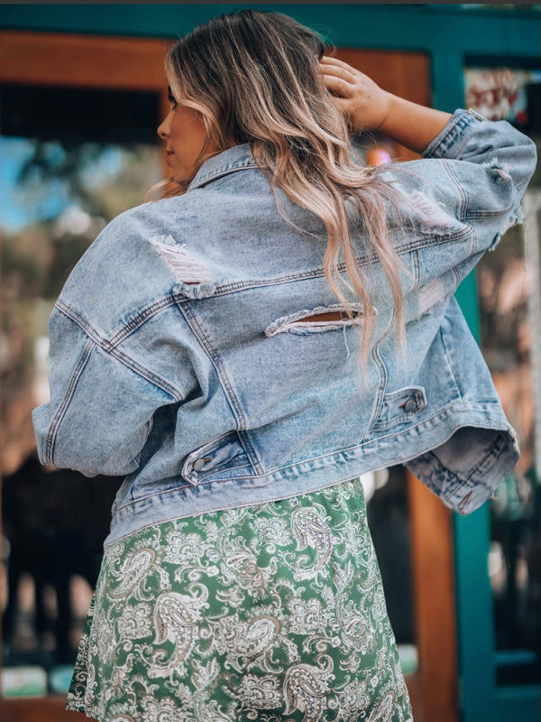 Women's new casual fashion loose handmade frayed denim jacket