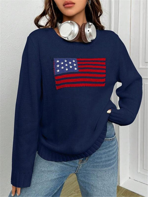 New loose round neck flag pattern simple and versatile knitted sweater