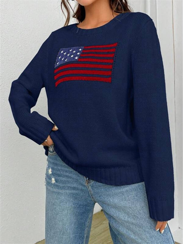 New loose round neck flag pattern simple and versatile knitted sweater