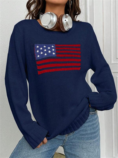 New loose round neck flag pattern simple and versatile knitted sweater