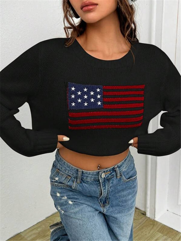 New loose round neck flag pattern simple and versatile knitted sweater