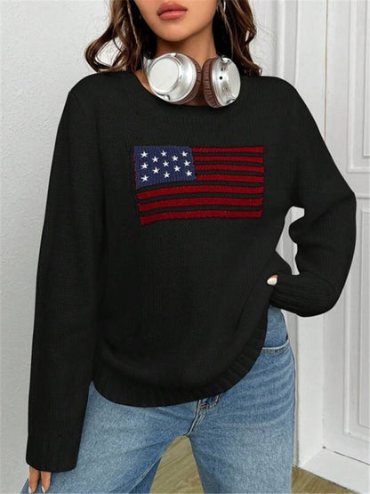 New loose round neck flag pattern simple and versatile knitted sweater