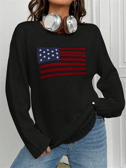 New loose round neck flag pattern simple and versatile knitted sweater