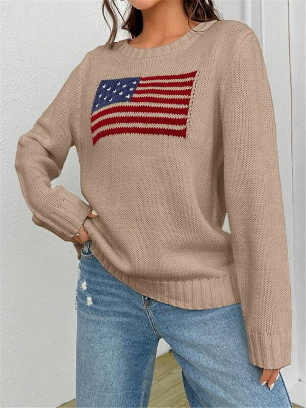 New loose round neck flag pattern simple and versatile knitted sweater