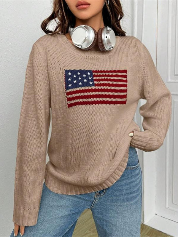 New loose round neck flag pattern simple and versatile knitted sweater