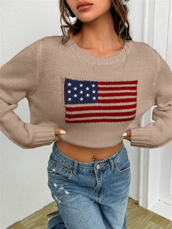 New loose round neck flag pattern simple and versatile knitted sweater