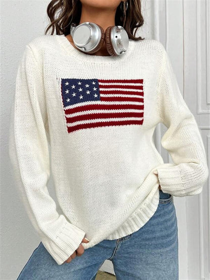 New loose round neck flag pattern simple and versatile knitted sweater