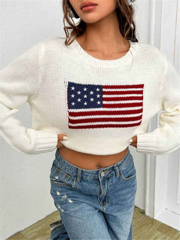 New loose round neck flag pattern simple and versatile knitted sweater