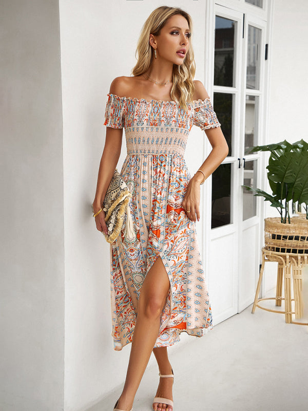 Women's one-shoulder bohemian slit dress