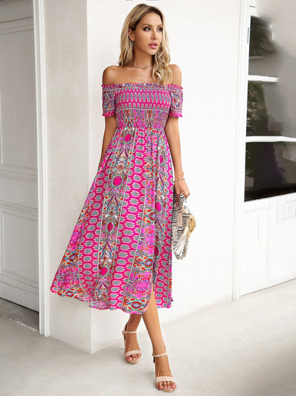 Women's one-shoulder bohemian slit dress