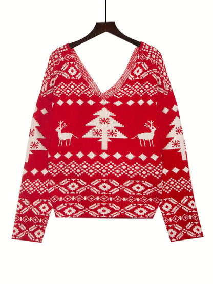 New V-neck irregular backless off-shoulder Christmas snowflake pattern long-sleeved women's sweater