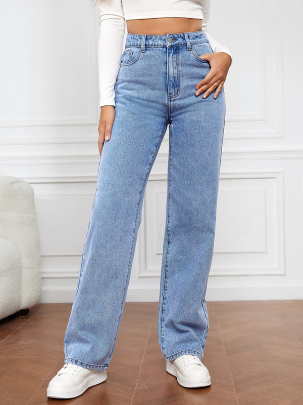 Women's High Waist Washed Straight Leg Jeans