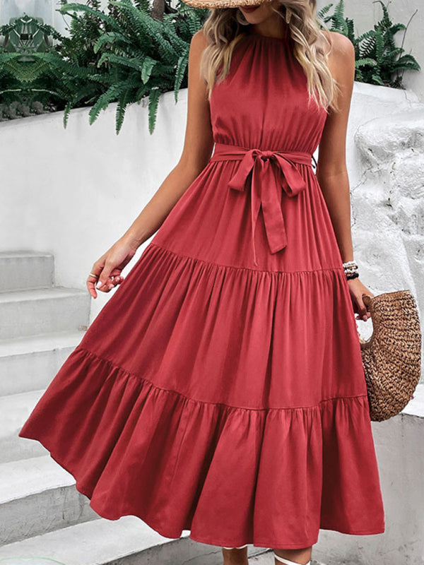 New fashionable women's halterneck solid color mid-length dress