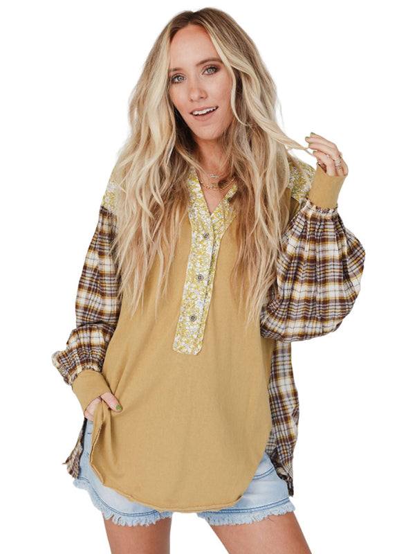 Women's round neck plaid printed loose long sleeve top