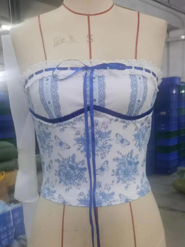 Women's Spring Blue and White Porcelain Print Sexy Backless Cropped Top