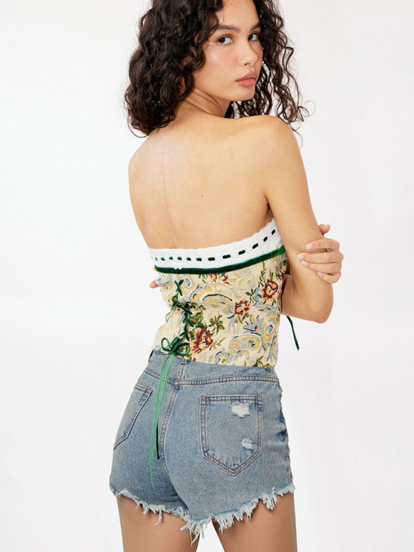 Women's Spring Blue and White Porcelain Print Sexy Backless Cropped Top