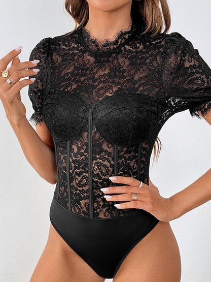 Women's New Round Neck Short Sleeve Lace Jumpsuit